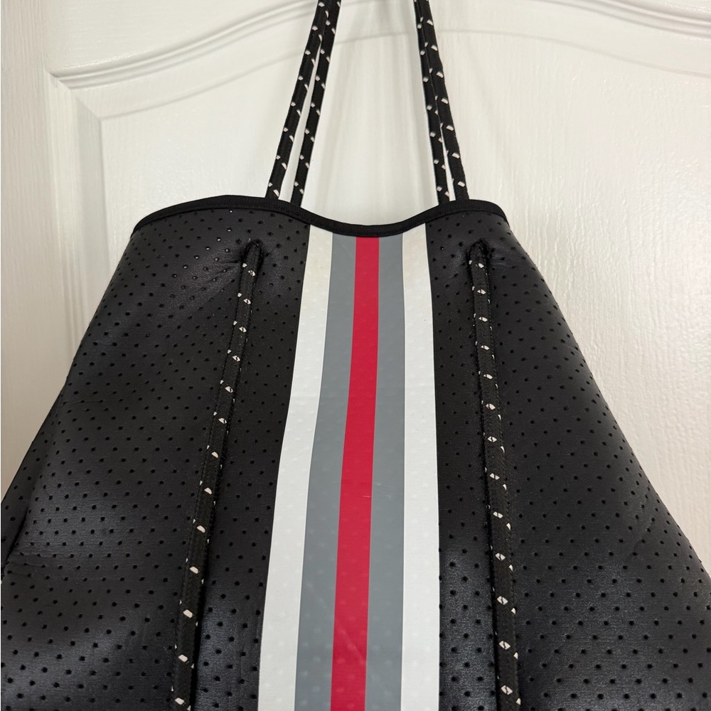 Black Neoprene Stripe Tote Bag with Red Accent